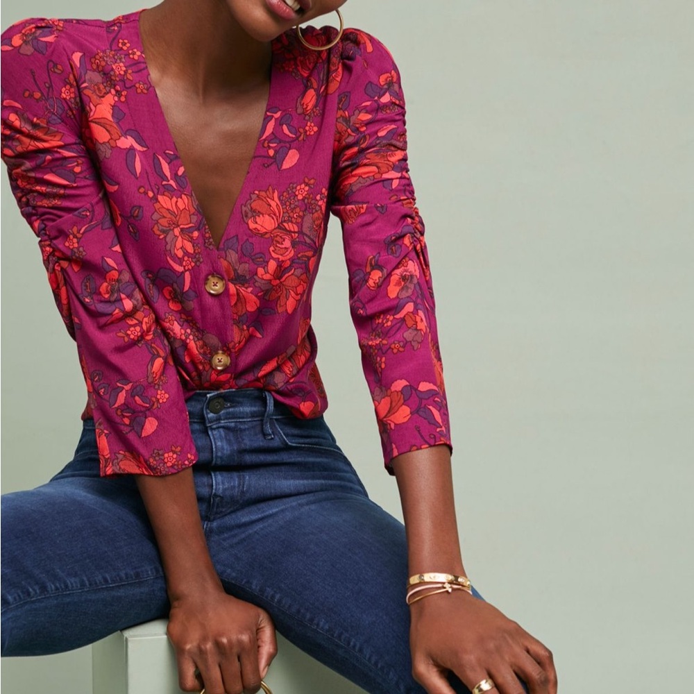 Anthropologie Jourdain Ruched Blouse 3/4 Sleeve